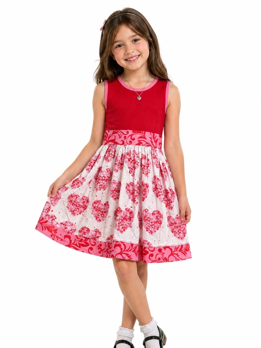 Chris N Missy Hearts Red and Pink Sleeveless Kids Dress Made In USA Cotton Bow